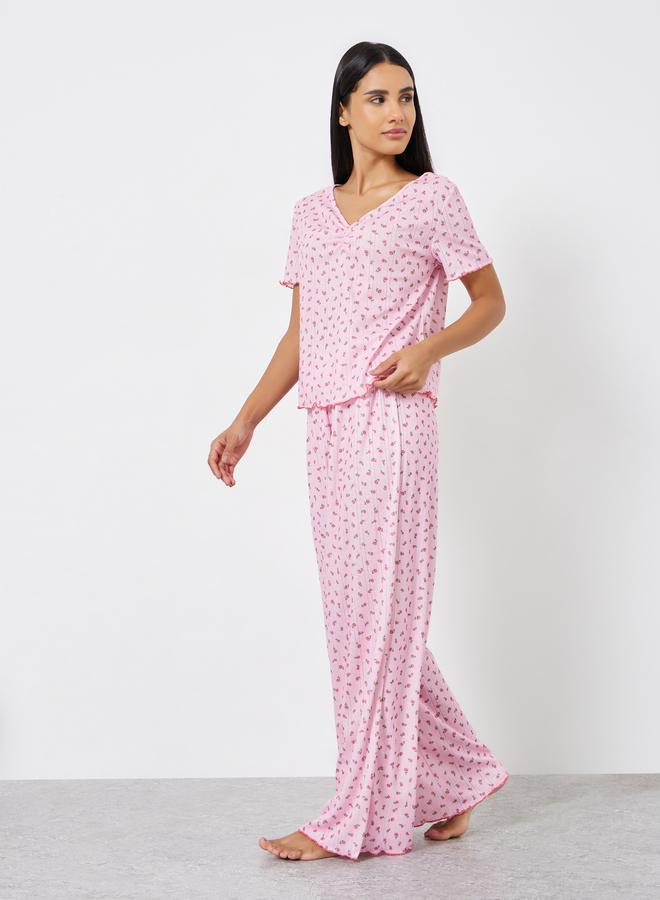 Styli Ditsy Floral Pointelle Dropped Shoulder T-Shirt and Wide Leg Pyjama Set - Image 2